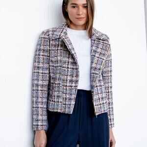 ba&sh Tweed Moto Lady Jacket Crop Blazer Wool Blend Purple Tan Sz S